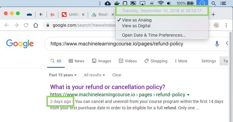 A Google search showing the policy was indexed long after the course's release.
